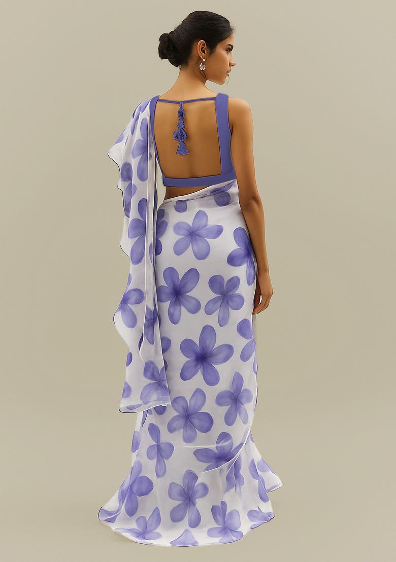 Purple Sequin Embroidered Organza Pre Draped Saree Set - Indya