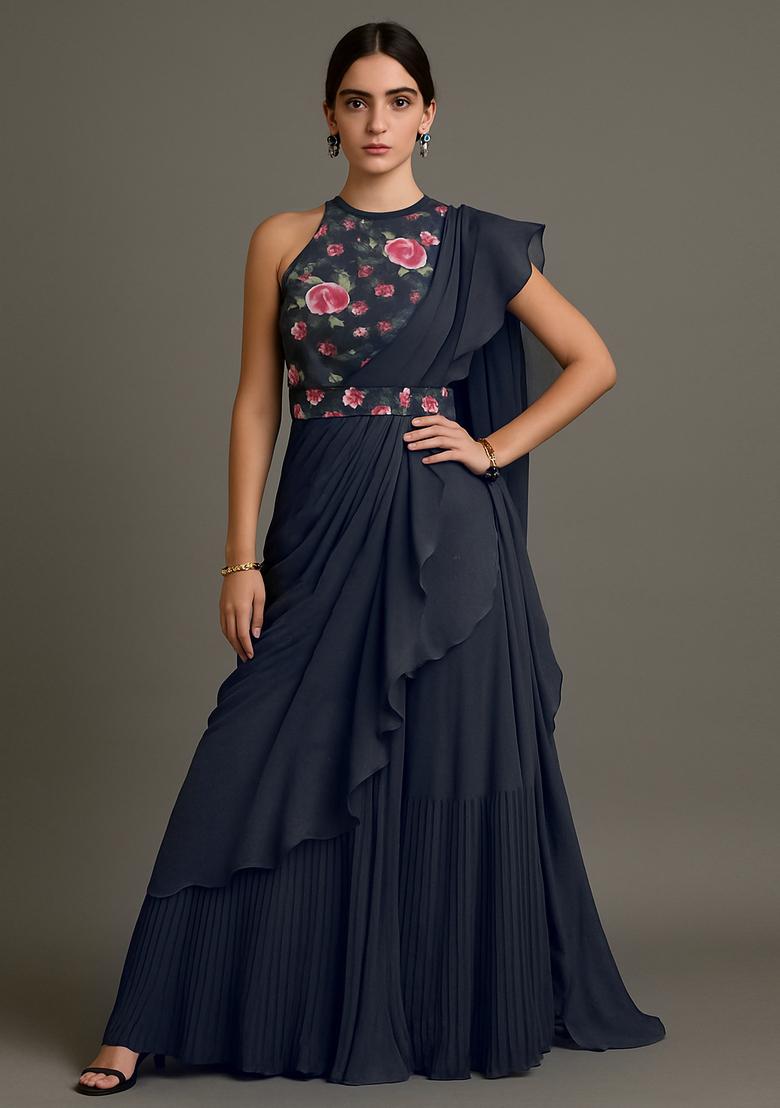 Black Printed Blouse Georgette Pre Draped Saree Set