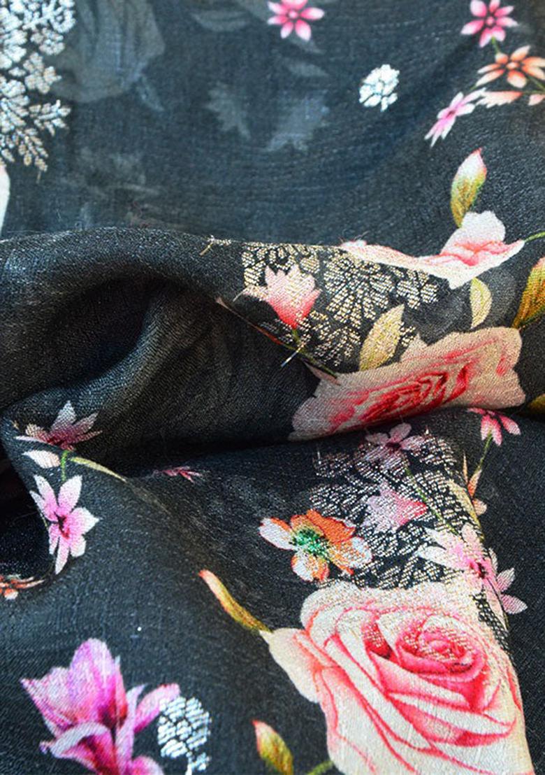 Black Printed Blouse Georgette Pre Draped Saree Set