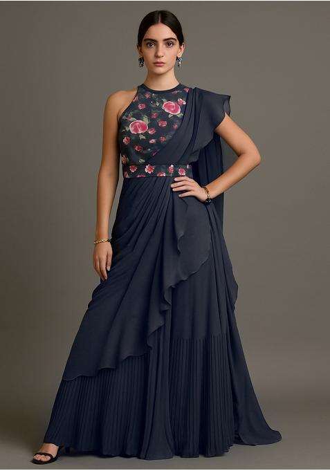 Black Printed Blouse Georgette Pre Draped Saree Set