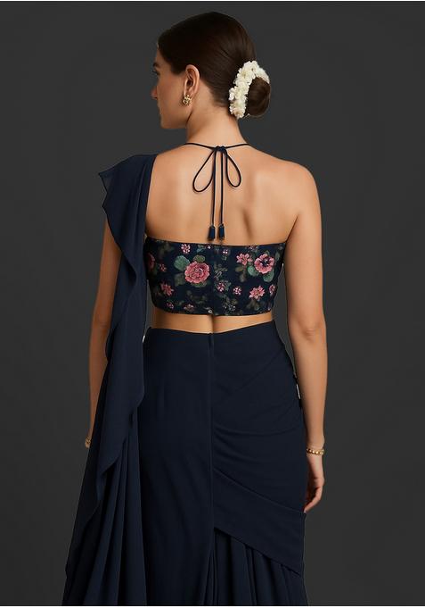 Black Printed Blouse Georgette Pre Draped Saree Set