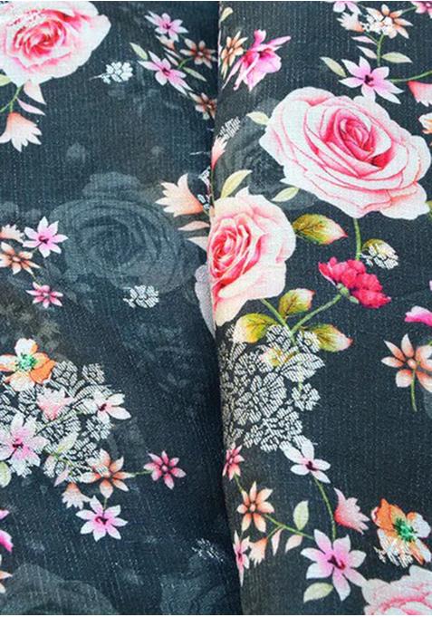 Black Printed Blouse Georgette Pre Draped Saree Set