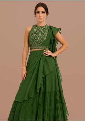 Green Sequin Embroidered Brocade Pre Draped Saree Set