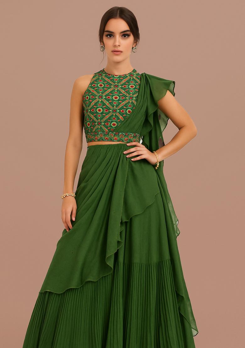 Green Sequin Embroidered Brocade Pre Draped Saree Set - Indya