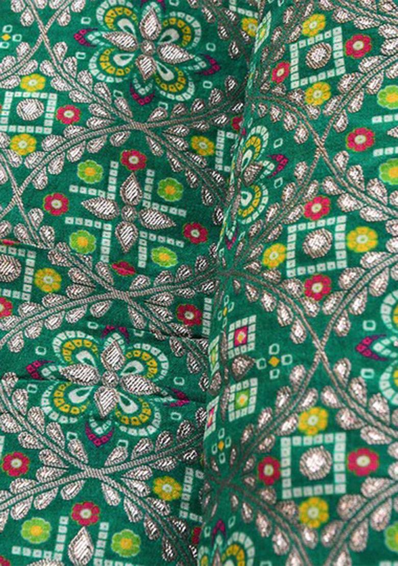 Green Sequin Embroidered Brocade Pre Draped Saree Set - Indya