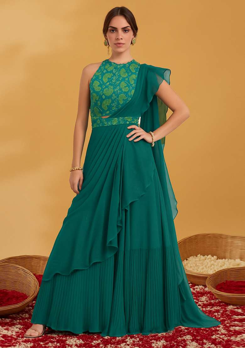 Teal Printed Blouse Georgette Pre Draped Saree Set - Indya