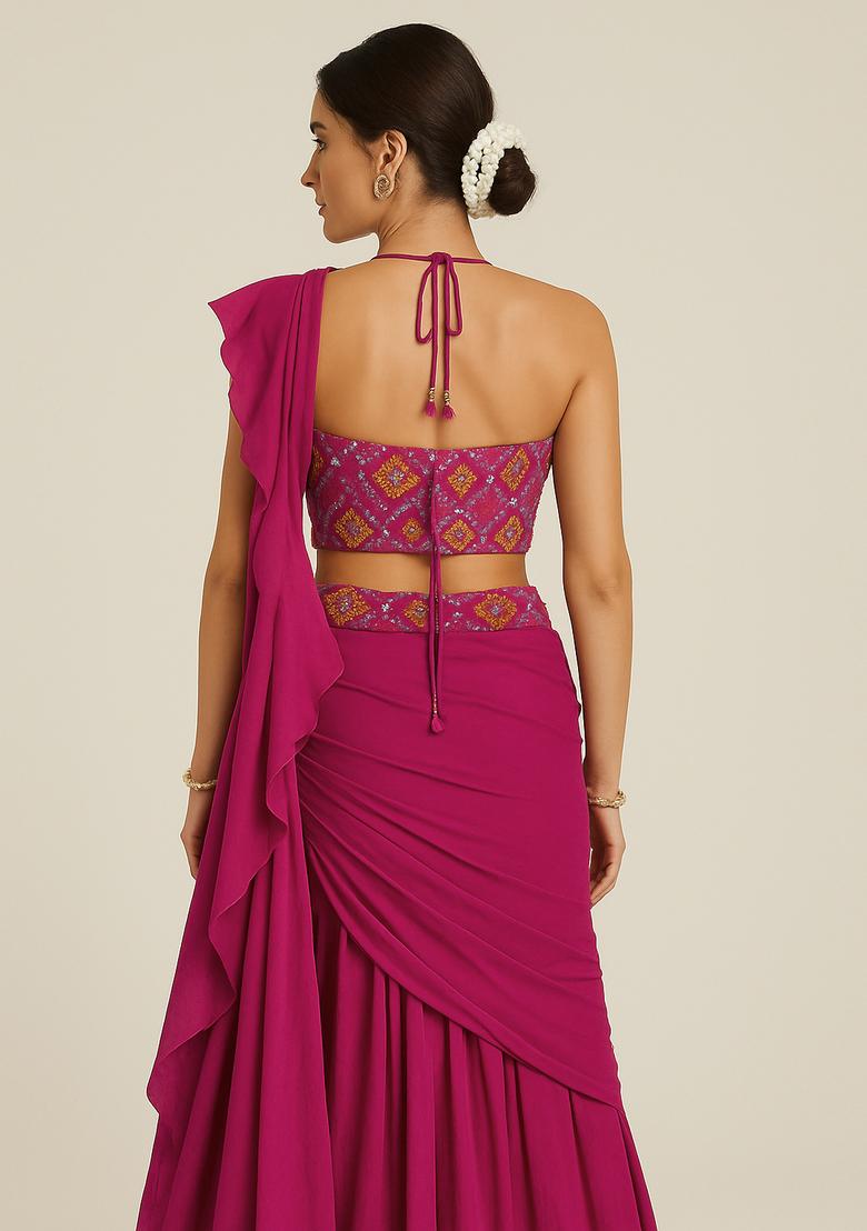 Pink Sequin Embroidered Brocade Pre Draped Saree Set - Indya