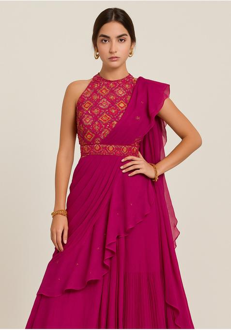 Pink Printed Blouse Georgette Pre Draped Saree Set