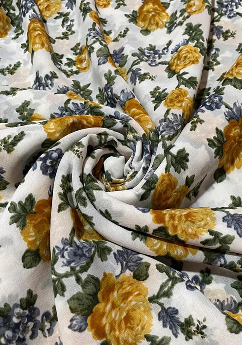 Yellow And White Printed Georgette Pre Draped Saree Set