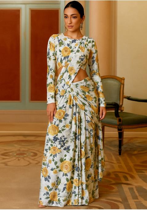 Yellow And White Printed Georgette Pre Draped Saree Set