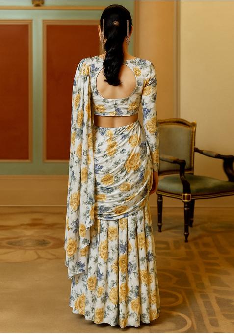 Yellow And White Printed Georgette Pre Draped Saree Set