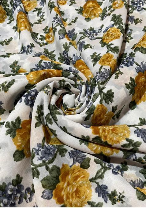 Yellow And White Printed Georgette Pre Draped Saree Set