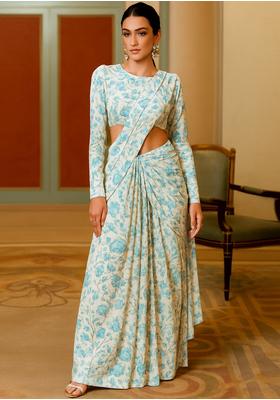 Turquoise Sequin Embroidered Georgette Pre Draped Saree Set