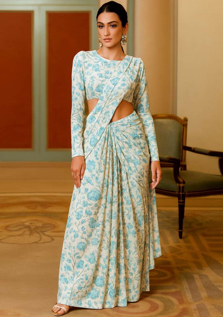 Sky Blue Printed Georgette Pre Draped Saree Set - Indya