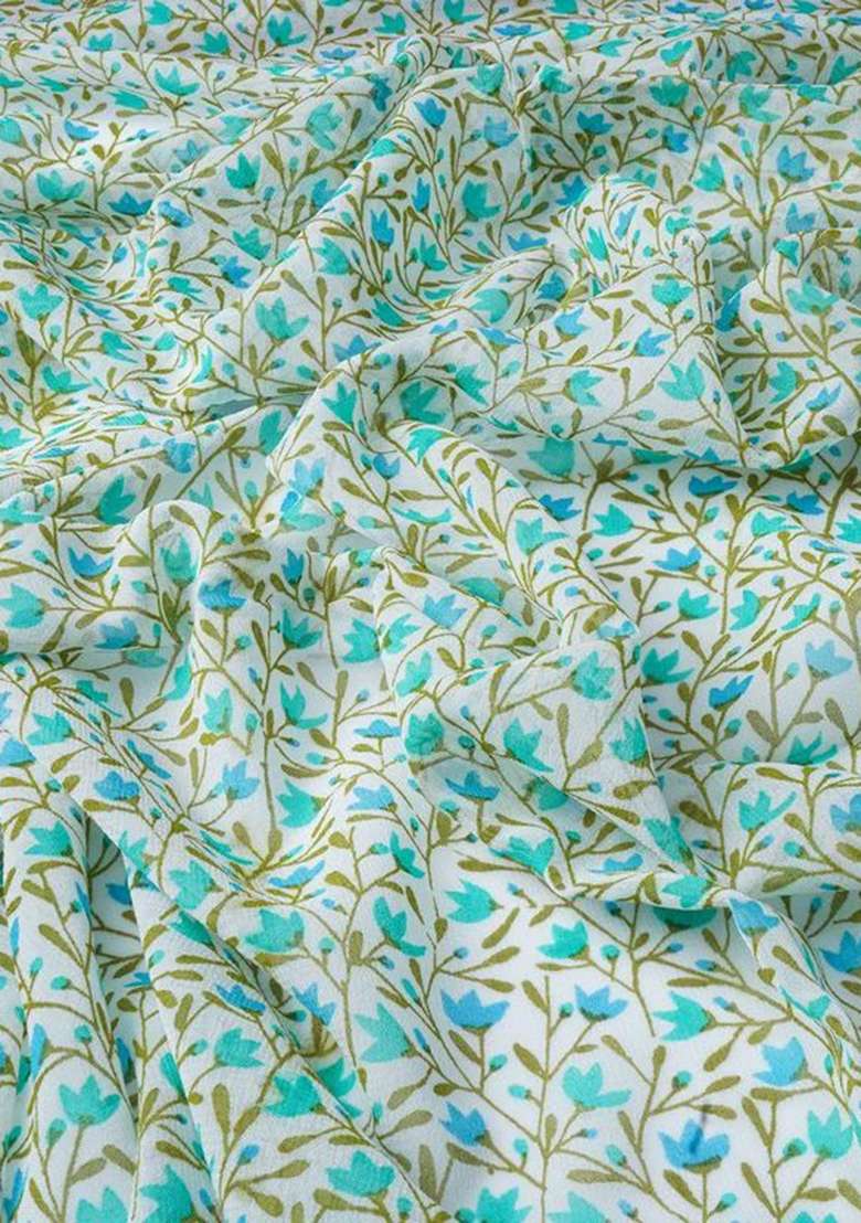 Sky Blue Printed Georgette Pre Draped Saree Set - Indya