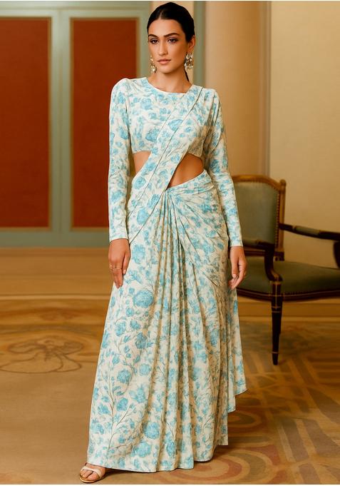 Sky Blue Printed Georgette Pre Draped Saree Set