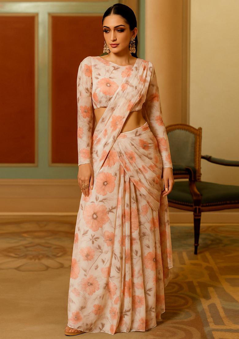 White And Pink Printed Organza Pre Draped Saree Set