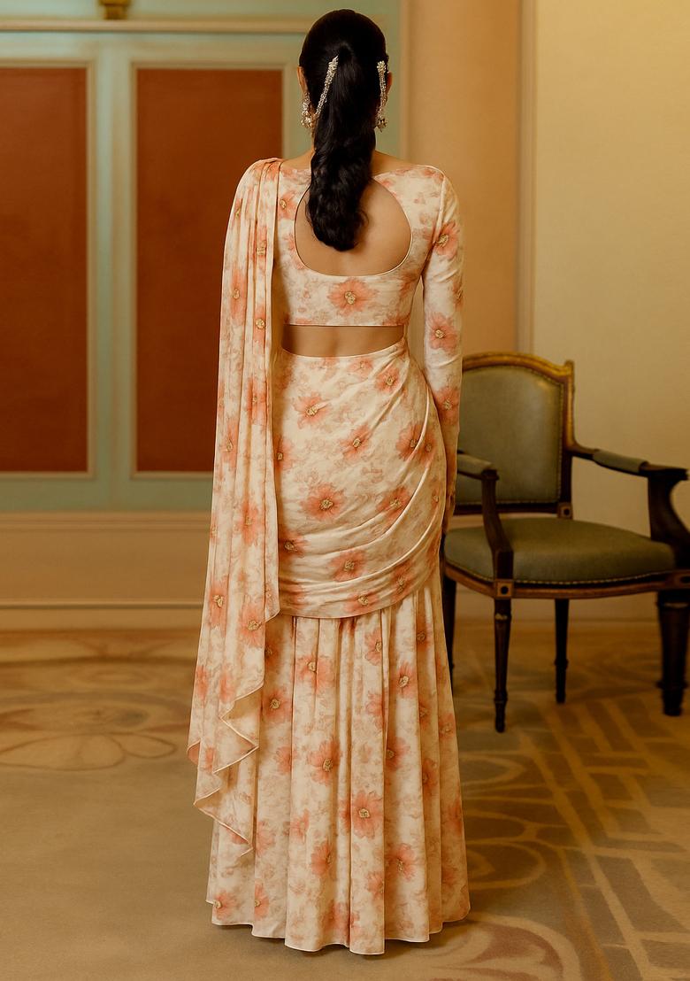 White And Pink Printed Organza Pre Draped Saree Set