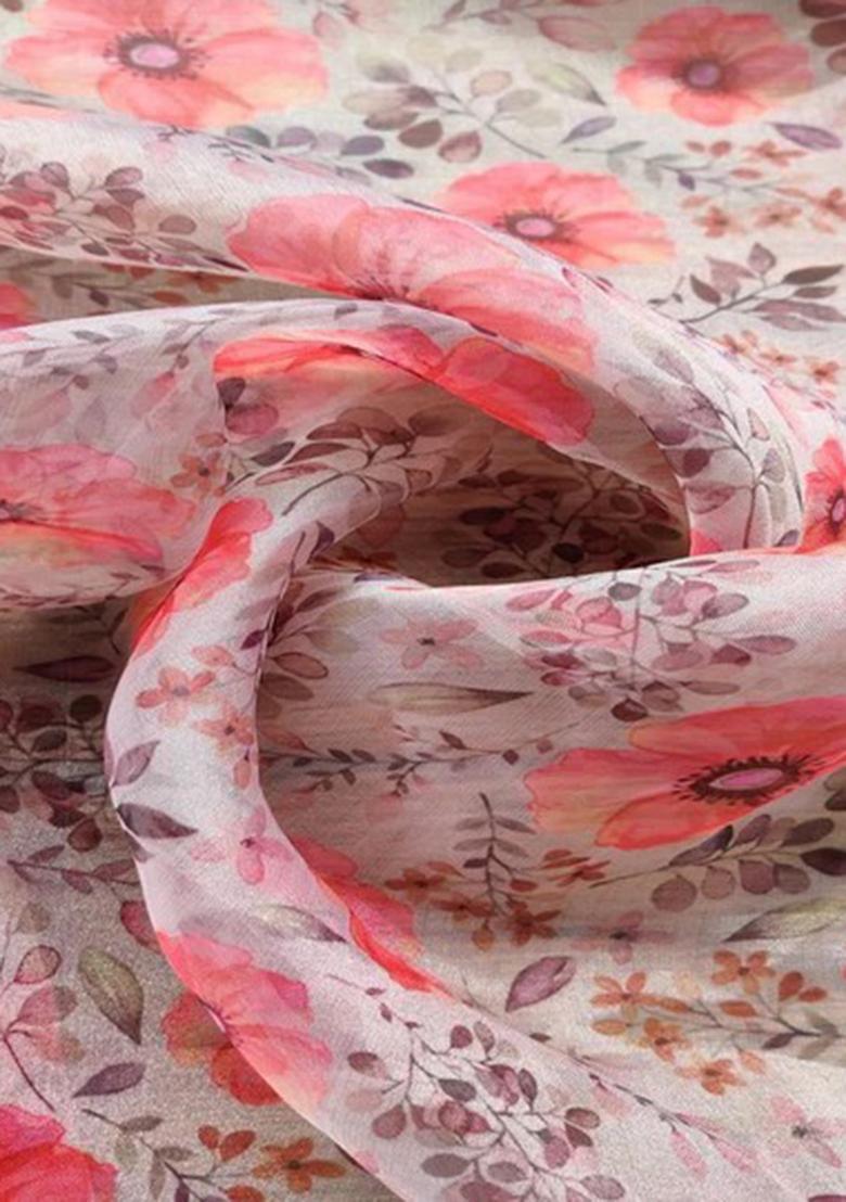 White And Pink Printed Organza Pre Draped Saree Set