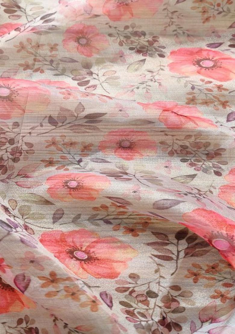 White And Pink Printed Organza Pre Draped Saree Set