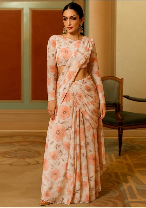 White And Pink Printed Organza Pre Draped Saree Set