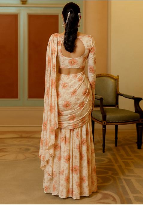 White And Pink Printed Organza Pre Draped Saree Set