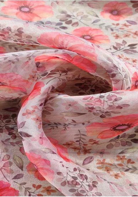 White And Pink Printed Organza Pre Draped Saree Set