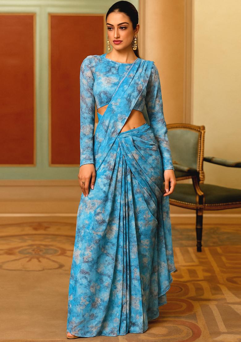 Blue Printed Organza Pre Draped Saree Set