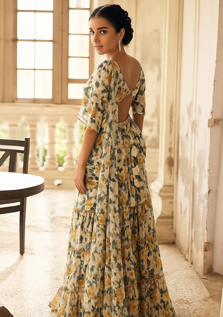 Yellow And White Sequin Embroidered Georgette Pre Draped Saree Set - Indya