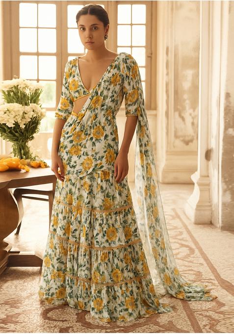 Yellow And White Printed Georgette Pre Draped Saree Set