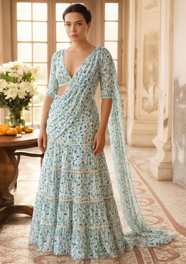 Turquoise Sequin Embroidered Georgette Pre Draped Saree Set - Indya