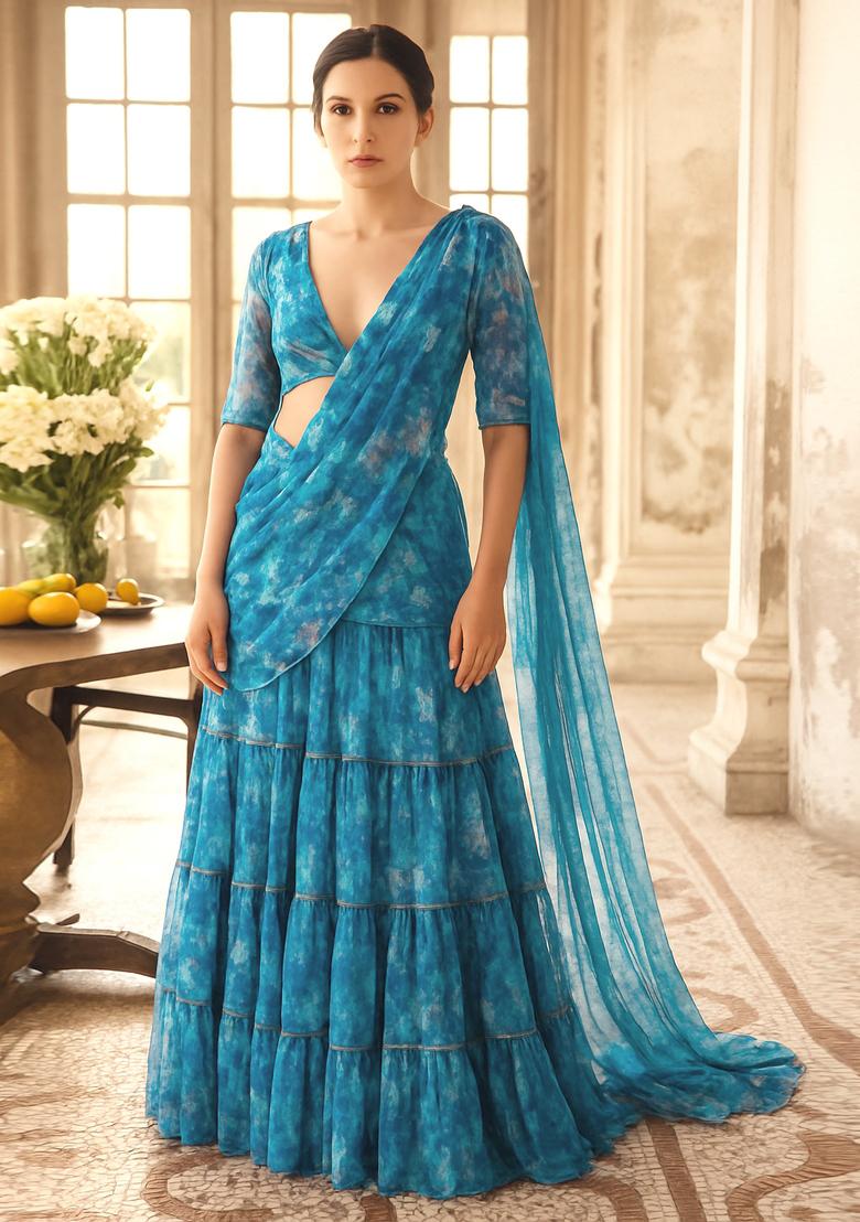 Blue Printed Organza Pre Draped Saree Set