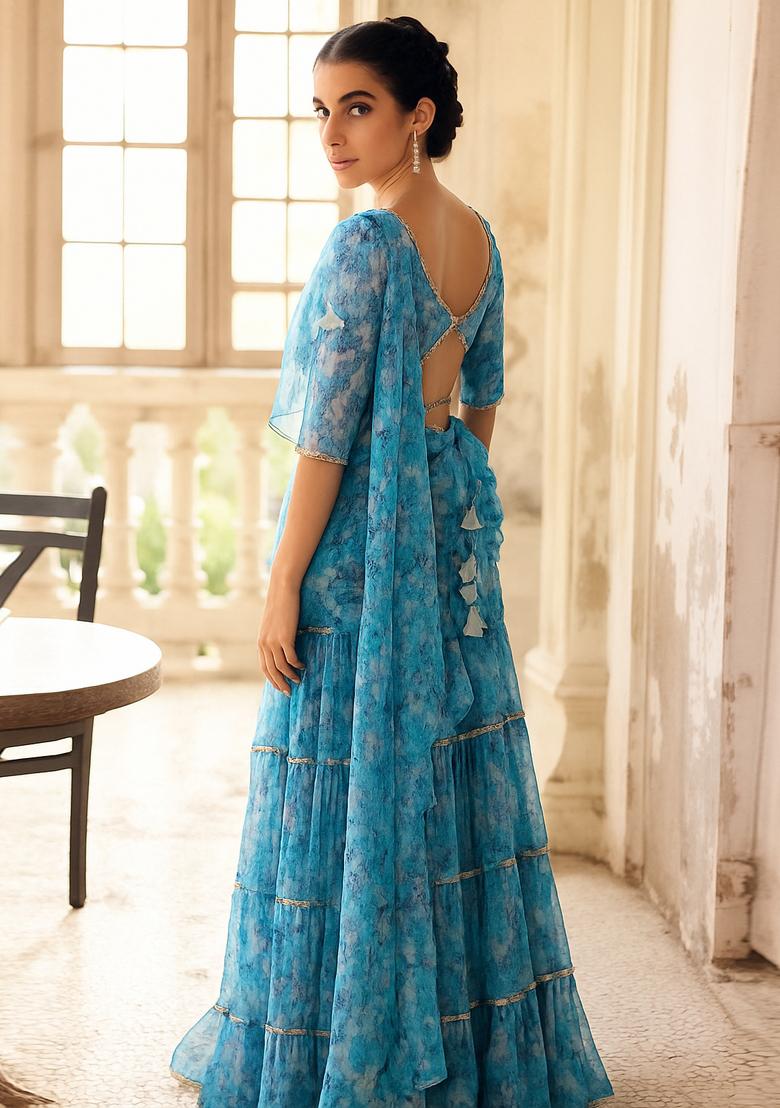 Blue Printed Organza Pre Draped Saree Set