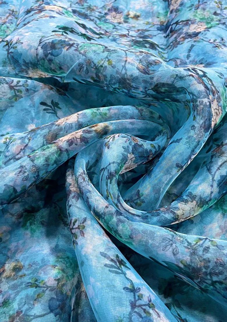 Blue Printed Organza Pre Draped Saree Set