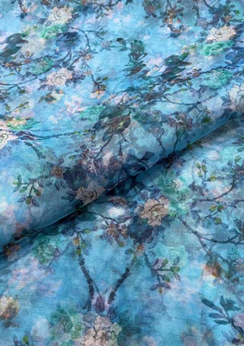 Blue Printed Organza Pre Draped Saree Set