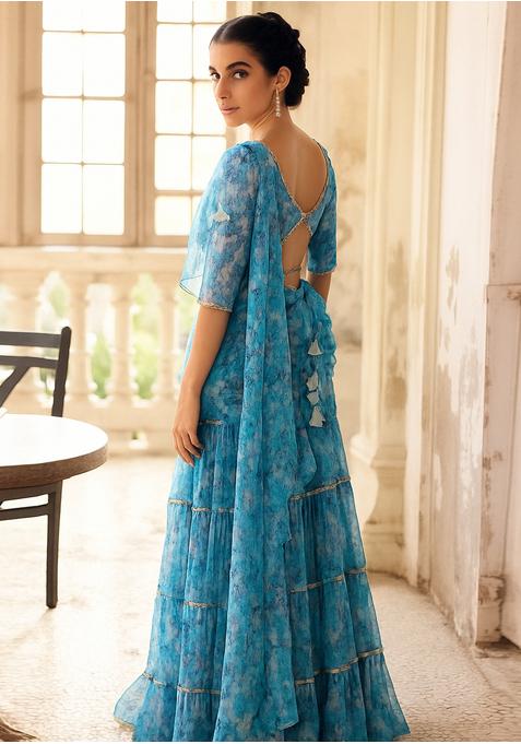 Blue Printed Organza Pre Draped Saree Set
