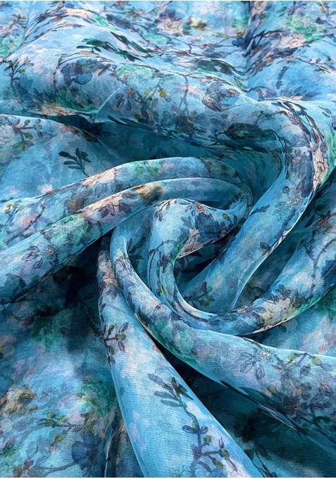 Blue Printed Organza Pre Draped Saree Set