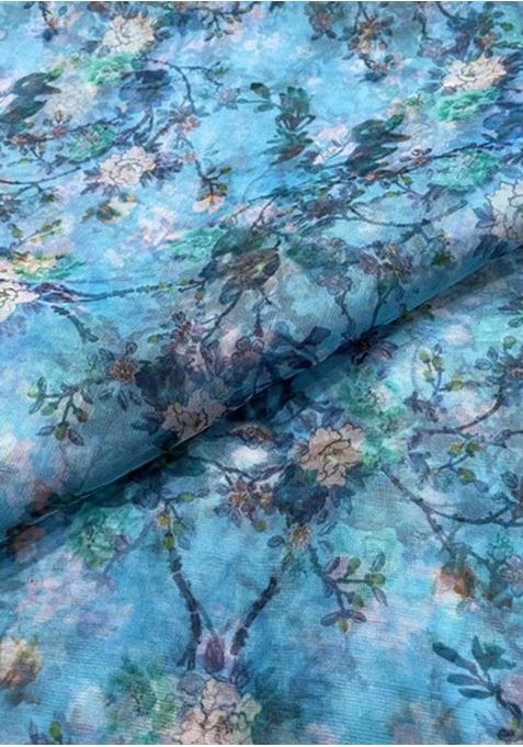 Blue Printed Organza Pre Draped Saree Set