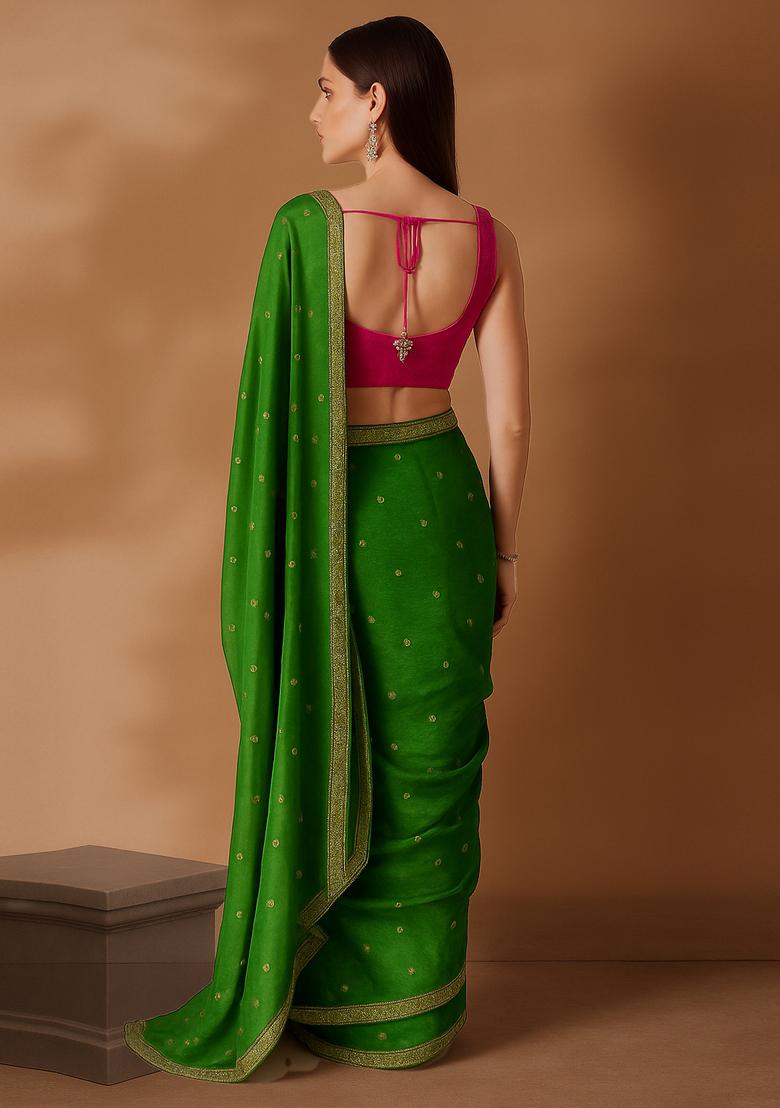 Moss Green Sequin Embroidered Chiffon Pre Draped Saree Set