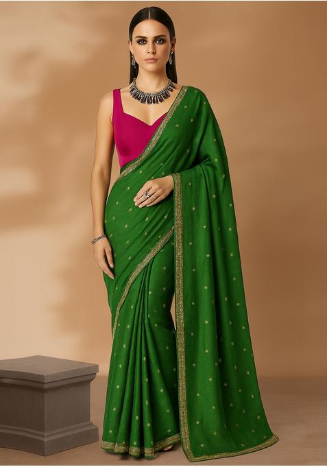 Moss Green Sequin Embroidered Chiffon Pre Draped Saree Set
