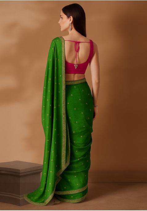 Moss Green Sequin Embroidered Chiffon Pre Draped Saree Set