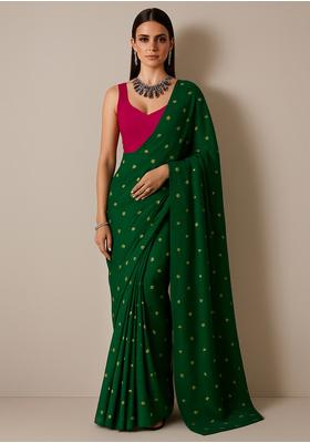 Dark Green Sequin Embroidered Chiffon Pre Draped Saree Set