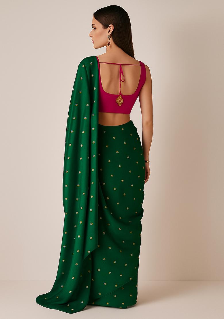 Dark Green Sequin Embroidered Chiffon Pre Draped Saree Set - Indya