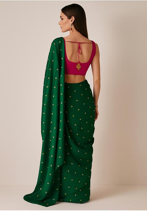 Dark Green Sequin Embroidered Chiffon Pre Draped Saree Set