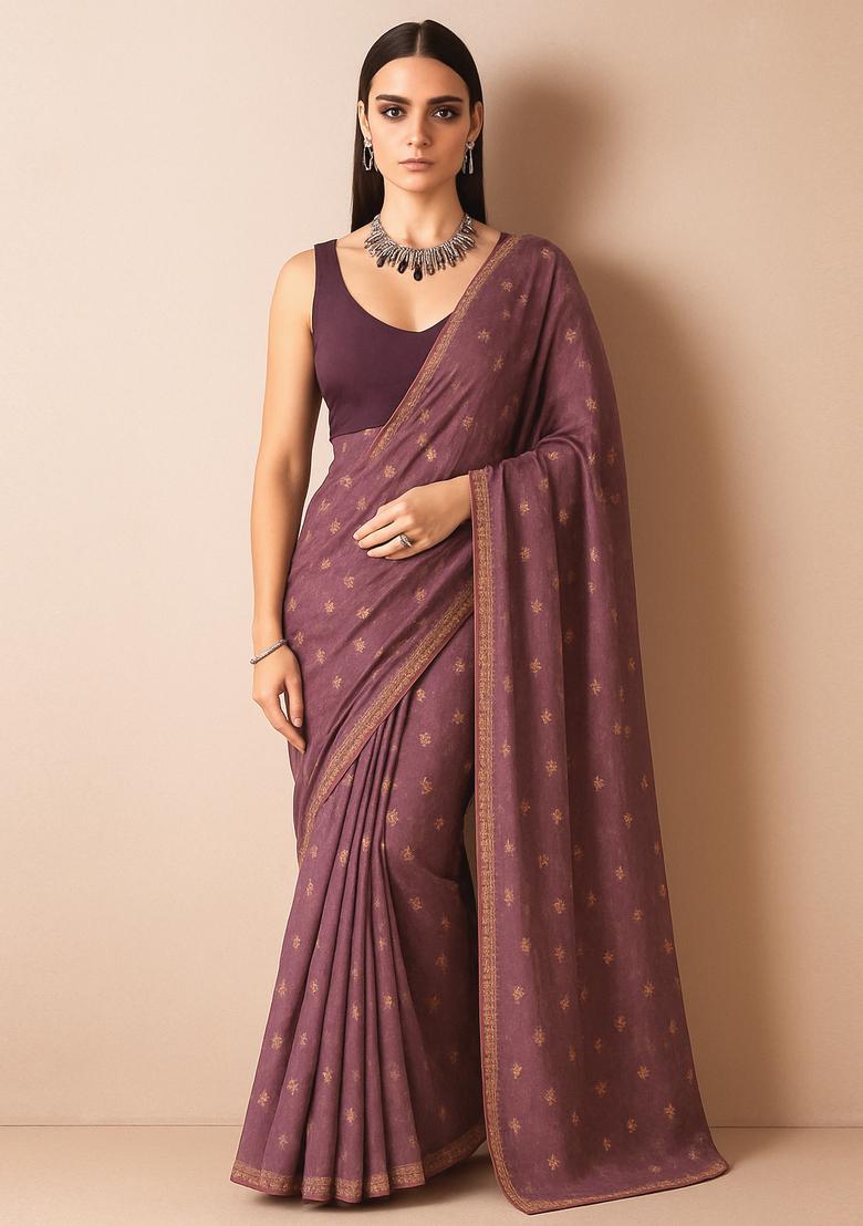 Mauve Sequin Embroidered Chiffon Pre Draped Saree Set