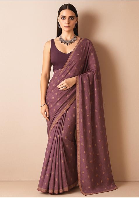 Mauve Sequin Embroidered Chiffon Pre Draped Saree Set