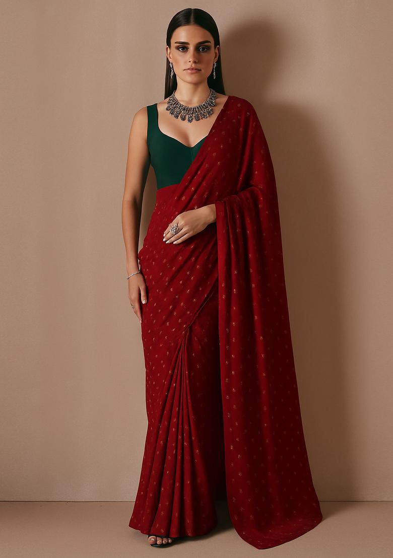 Red Sequin Embroidered Chiffon Pre Draped Saree Set