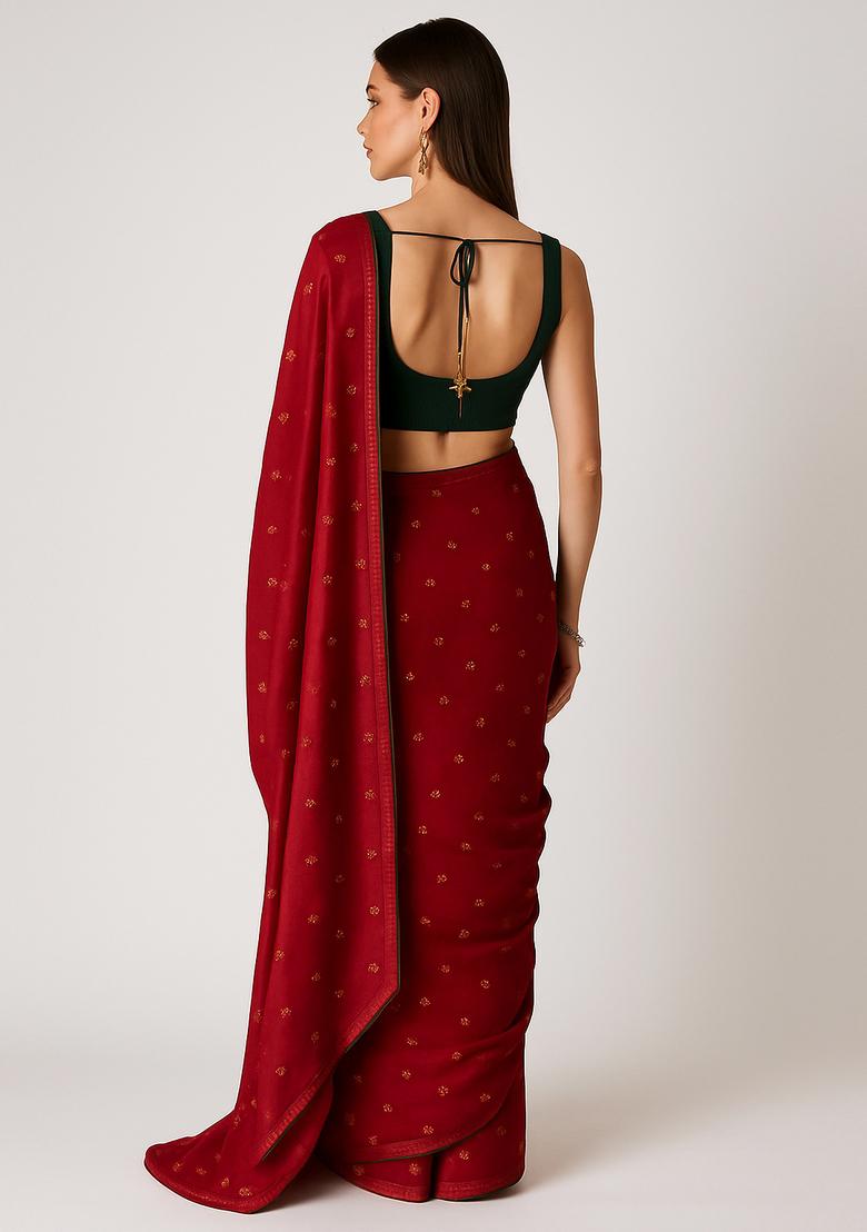 Red Sequin Embroidered Chiffon Pre Draped Saree Set