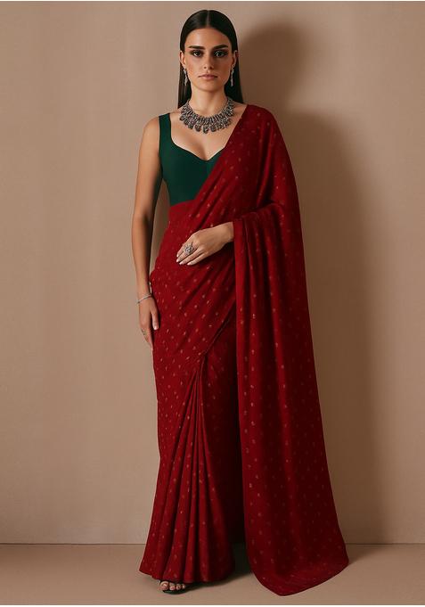 Red Sequin Embroidered Chiffon Pre Draped Saree Set