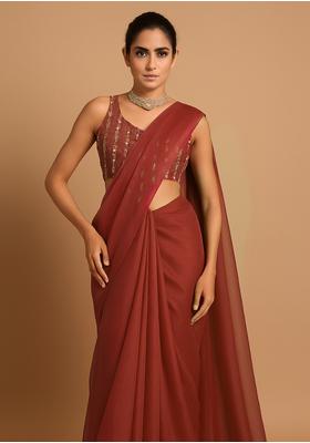 Deep Maroon Sequin Embroidered Organza Pre Draped Saree Set